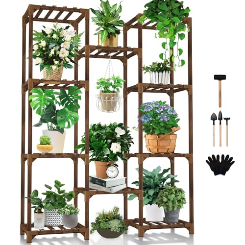 Uneedem Tall 10 Tier Plant Stand Wooden Indoor Outdoor Shelf