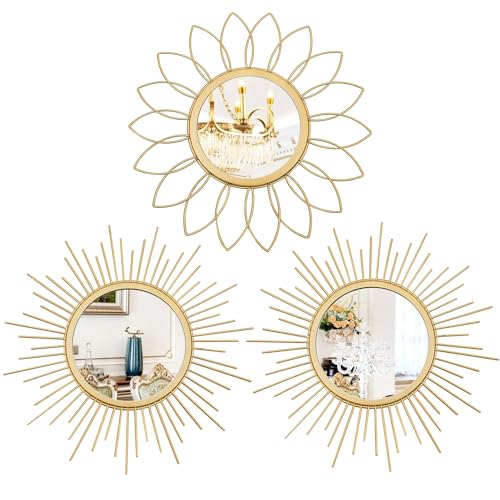 3 Pack Sunburst Wall Mirrors Gold Hanging Mirror Set