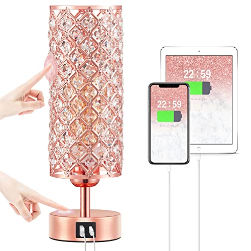 Rose Gold Crystal Touch Lamp 3 Way Dimmable with USB