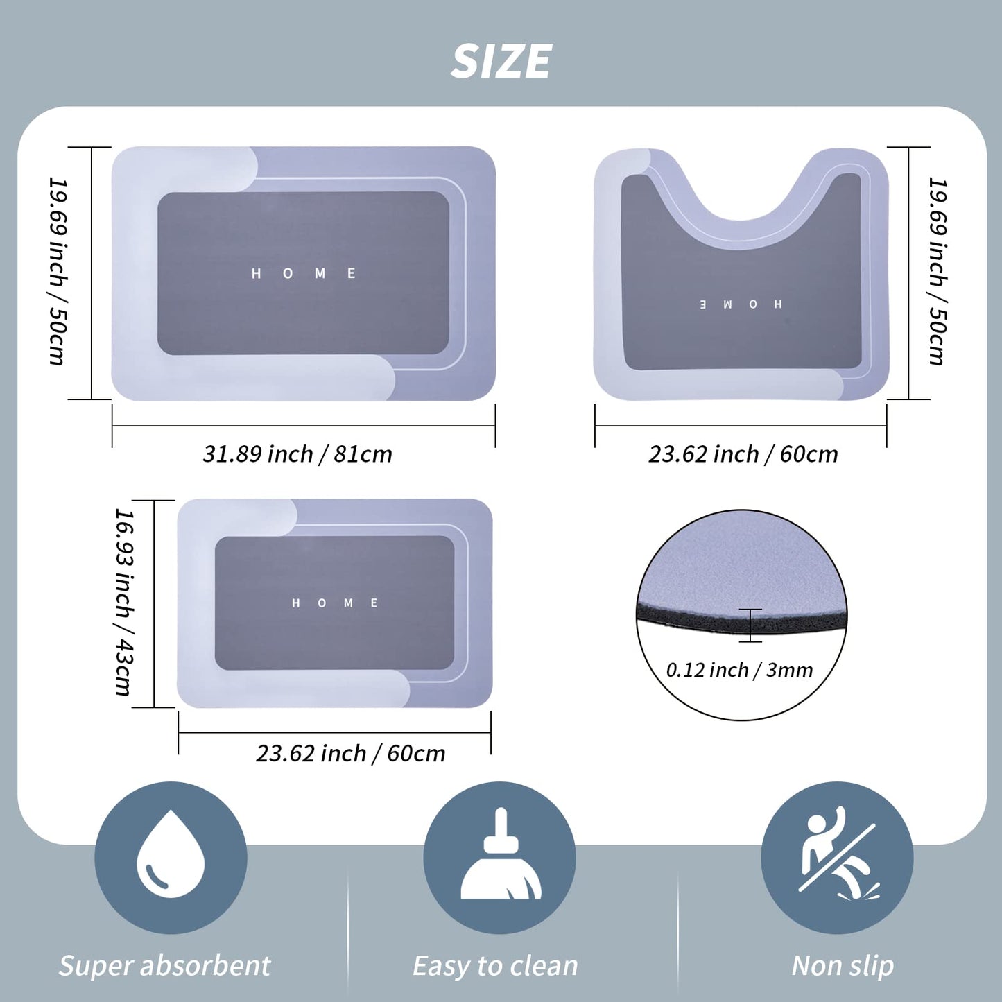 3PCS GORILLA GRIP Bath Rug Soft Chenille Absorbent Mat