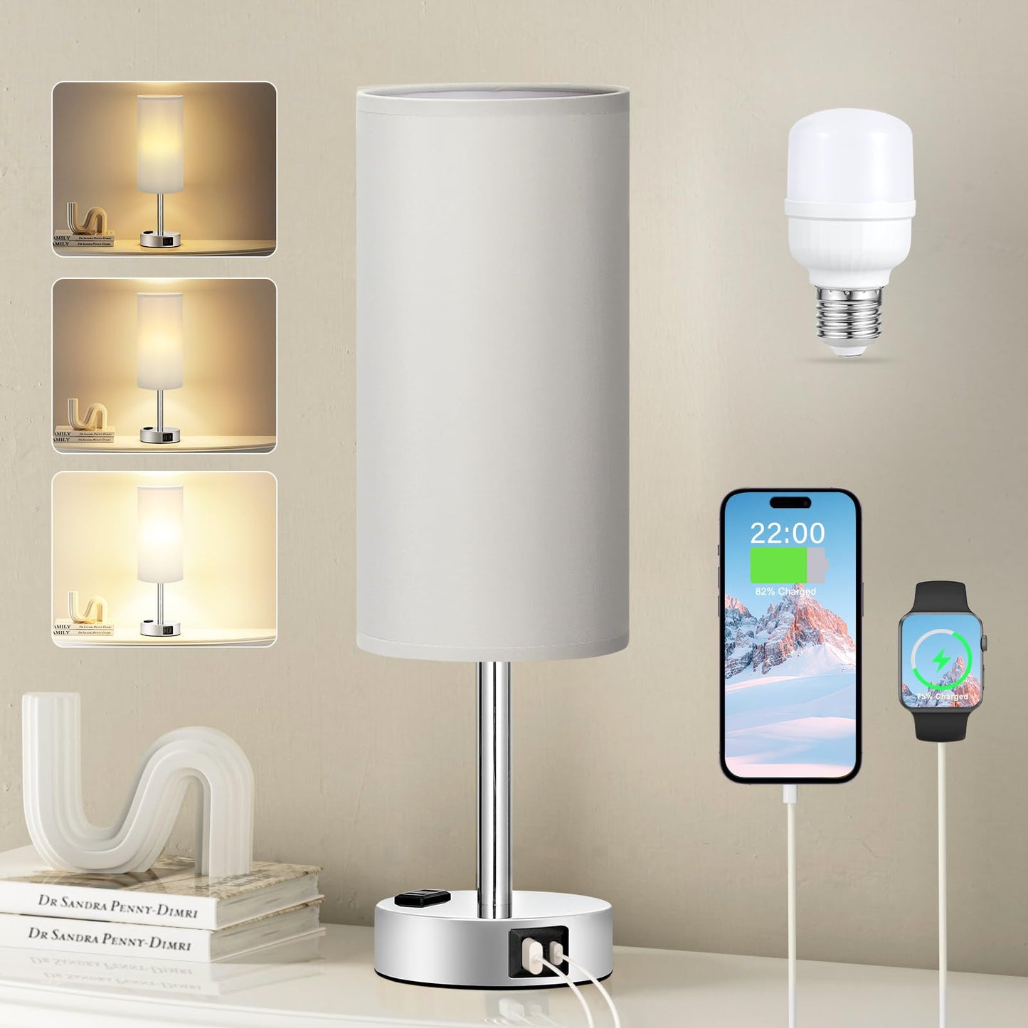 Fenmzee Rose Gold Crystal Touch Lamp 3 Way Dimmable with USB