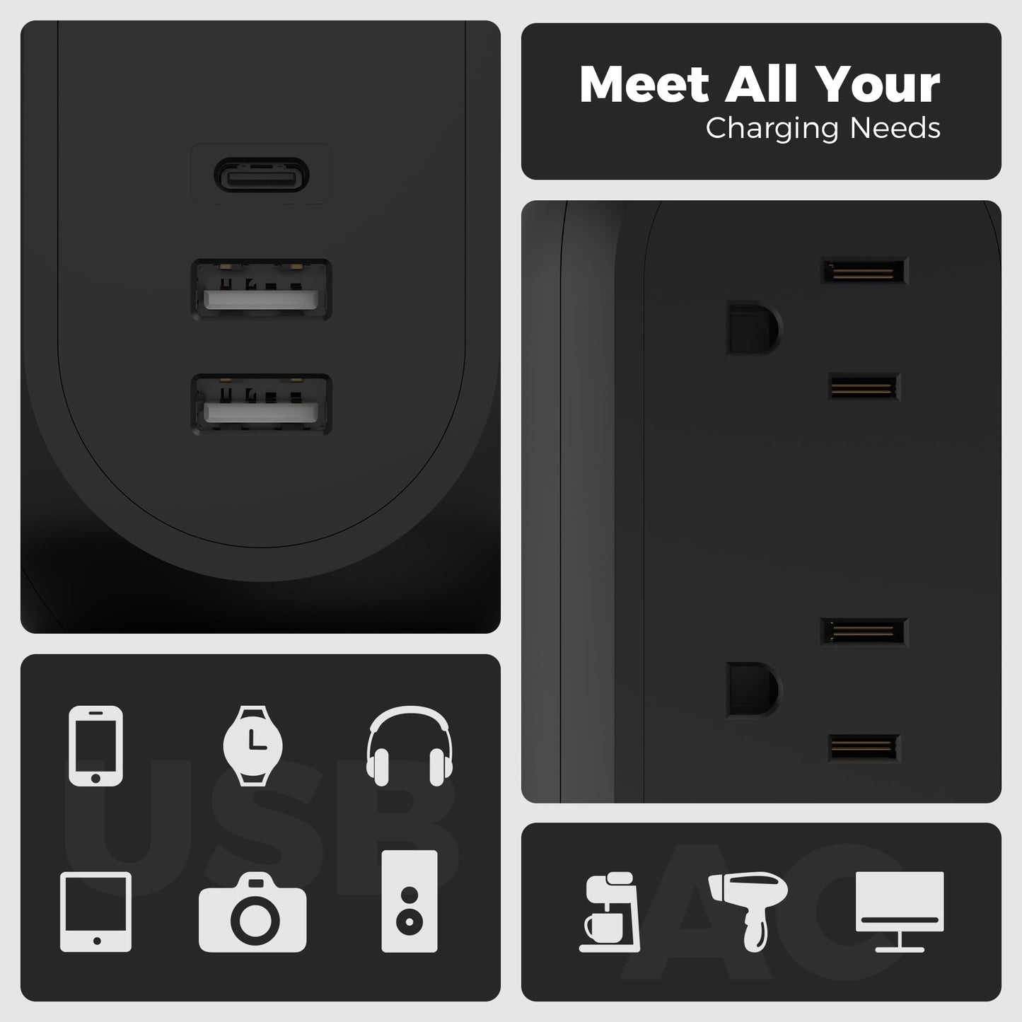 TESSAN Tower Power Strip 11 Outlets 3 USB 6 ft Cord