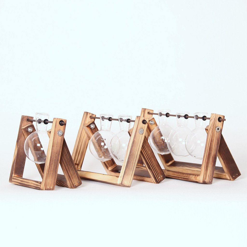 Kingbuy Terrarium Propagation Station 3 Bulb Glass Vase on Wooden Stand