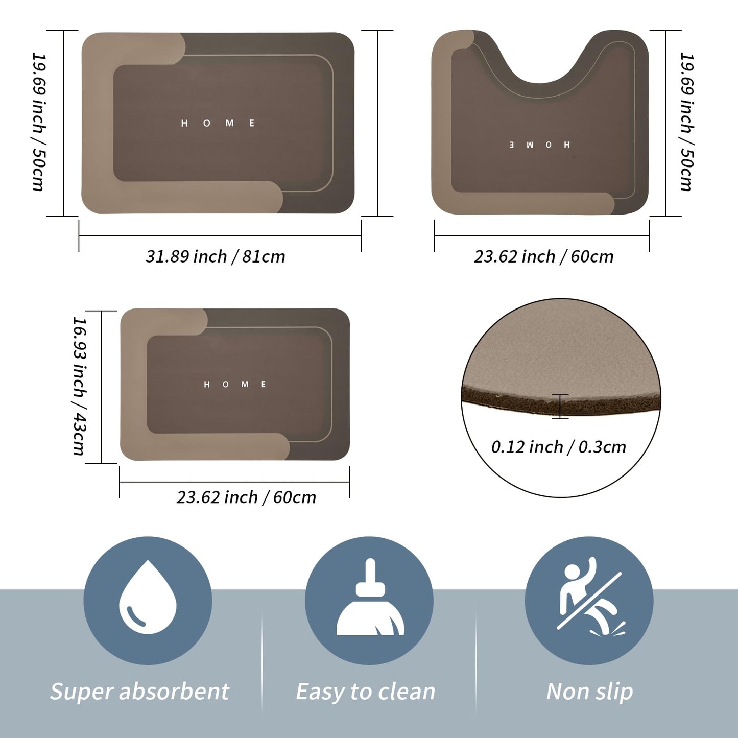 3PCS GORILLA GRIP Bath Rug Soft Chenille Absorbent Mat