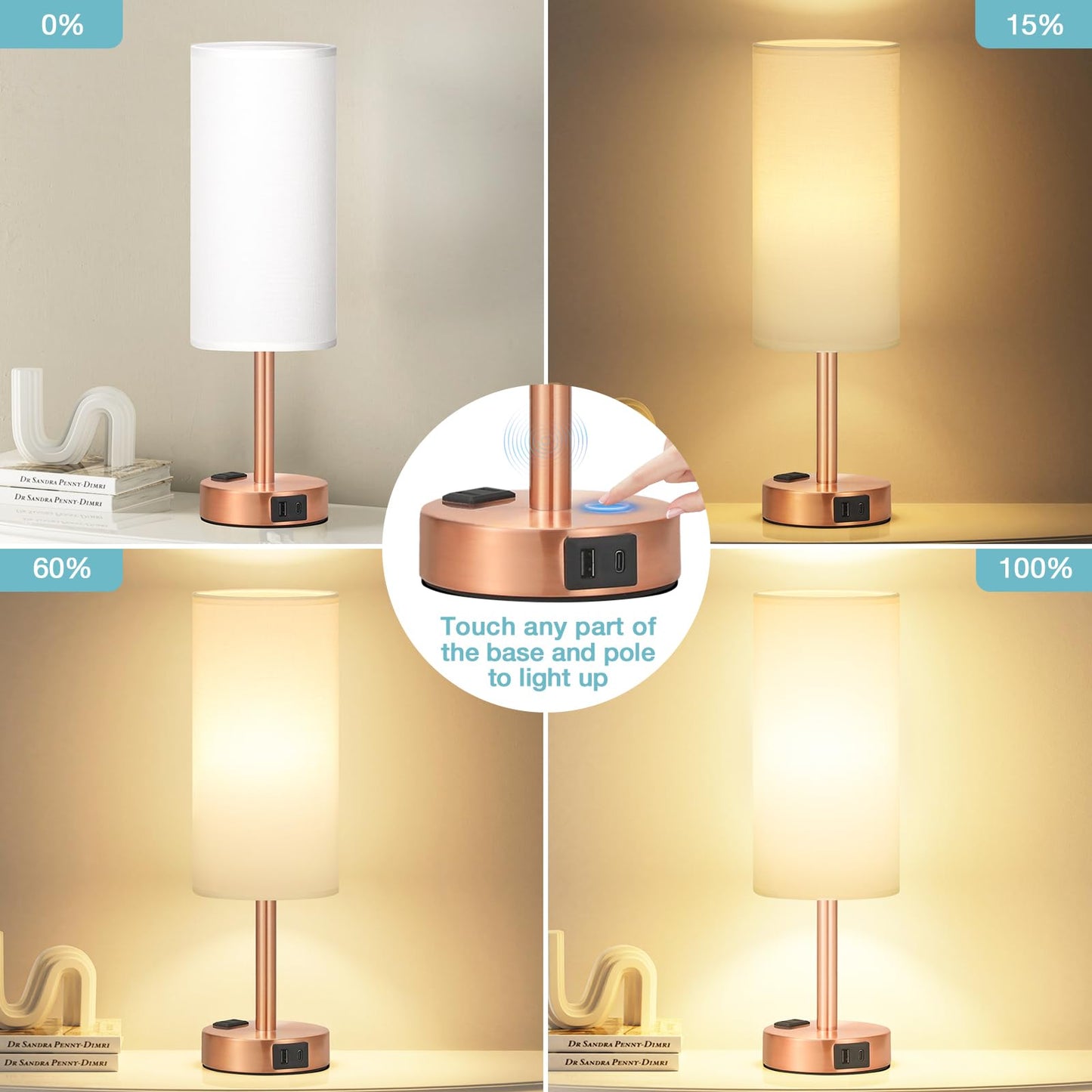 Fenmzee Rose Gold Crystal Touch Lamp 3 Way Dimmable with USB