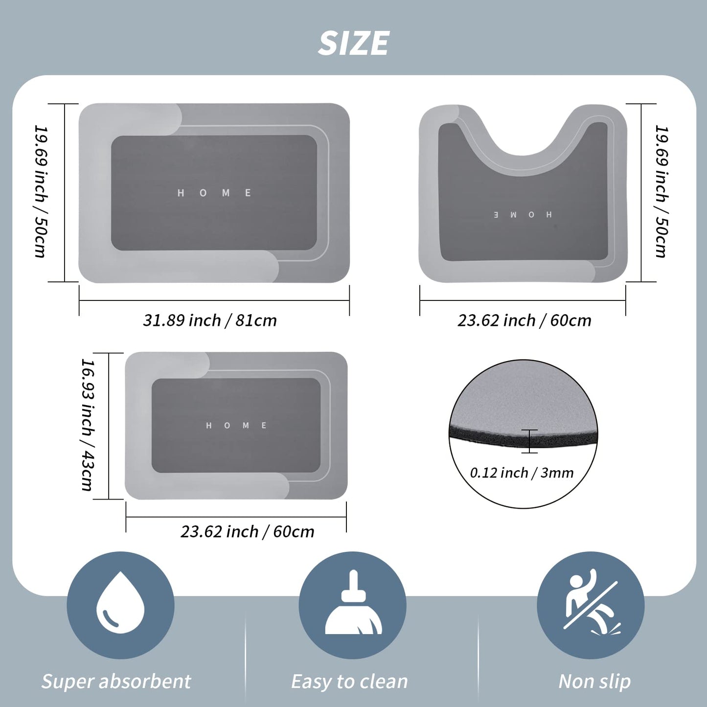 3PCS GORILLA GRIP Bath Rug Soft Chenille Absorbent Mat