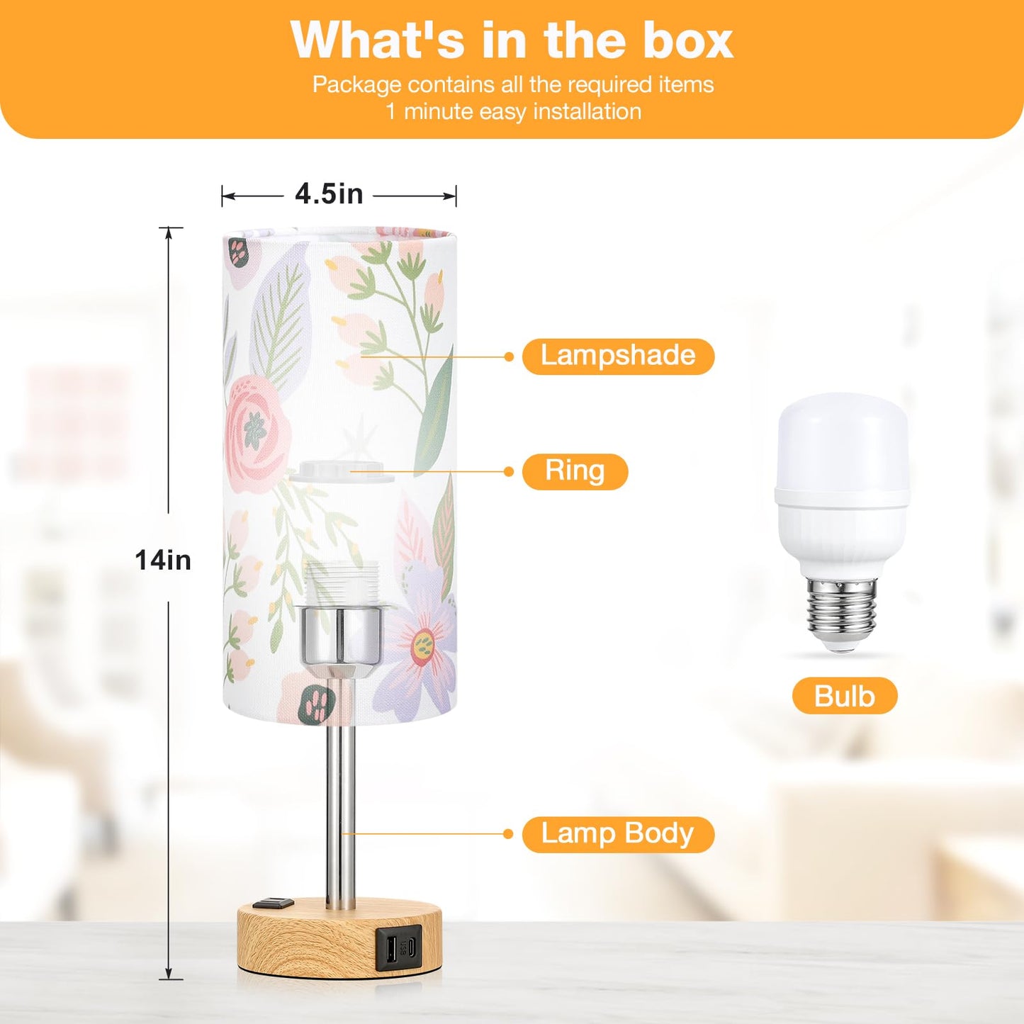 Fenmzee Rose Gold Crystal Touch Lamp 3 Way Dimmable with USB