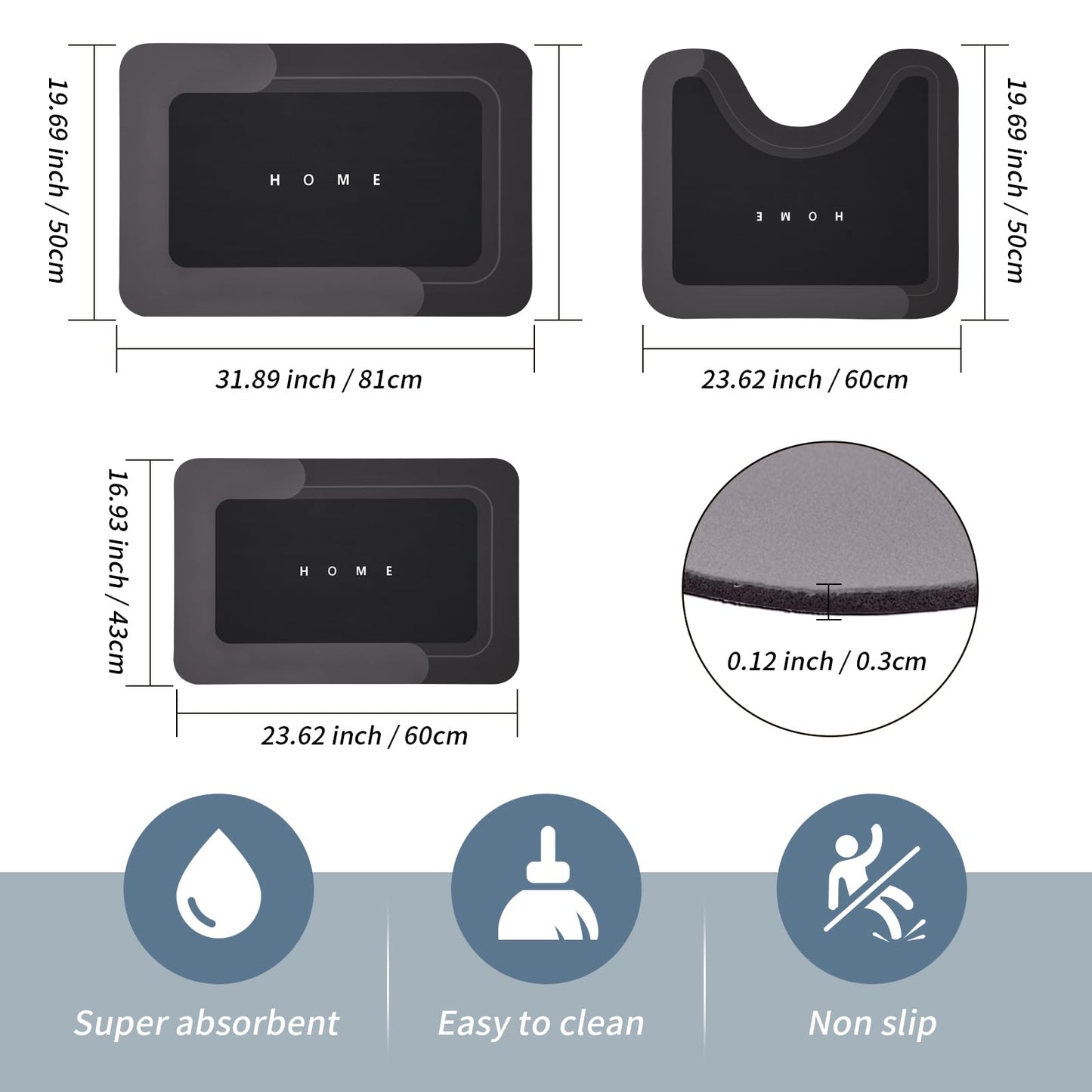 3PCS GORILLA GRIP Bath Rug Soft Chenille Absorbent Mat