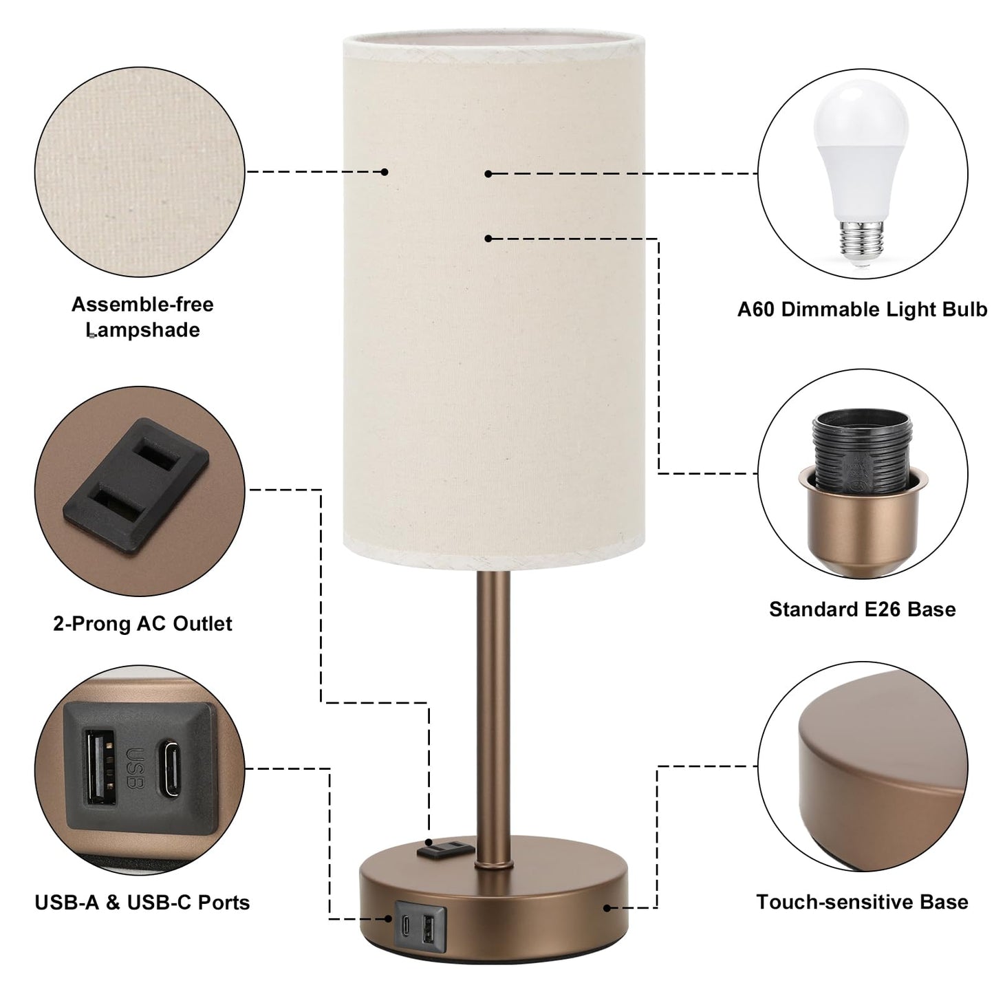 Fenmzee Rose Gold Crystal Touch Lamp 3 Way Dimmable with USB