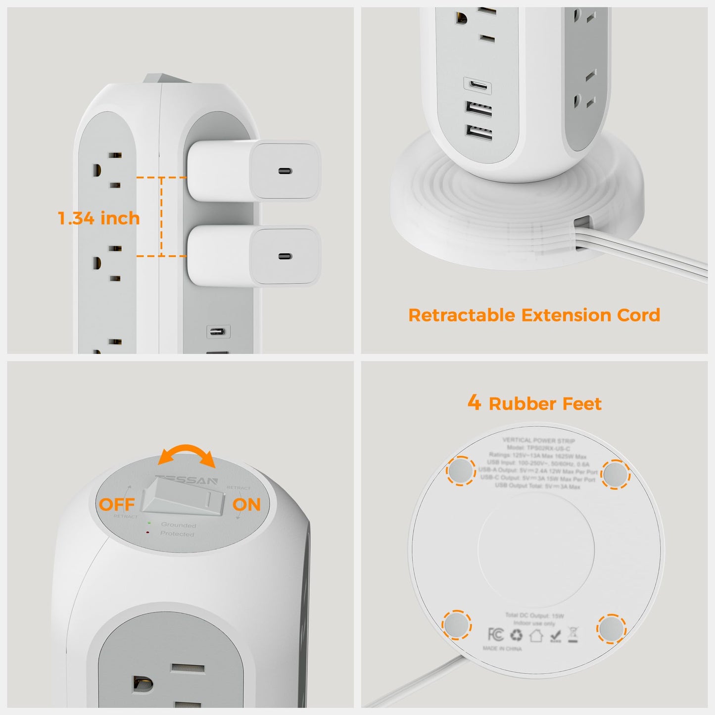 TESSAN Tower Power Strip 11 Outlets 3 USB 6 ft Cord