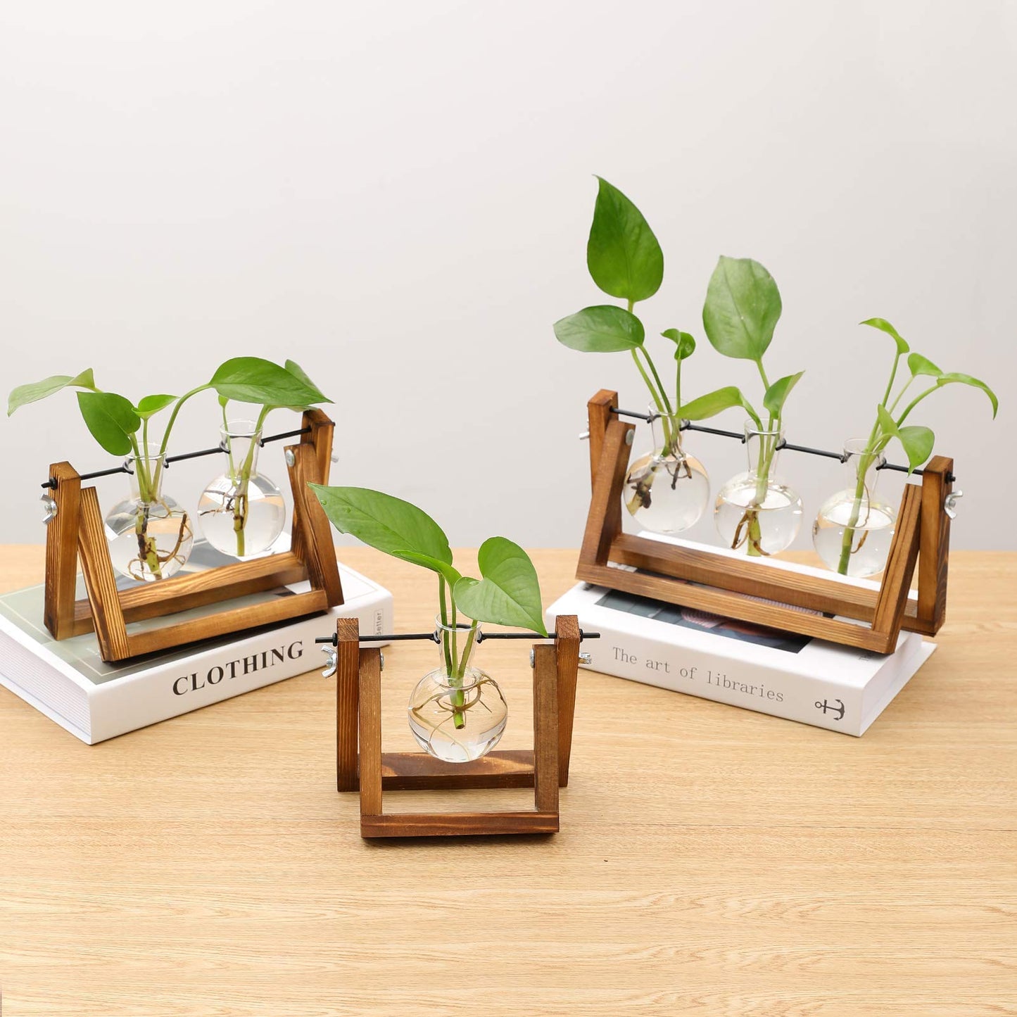 Kingbuy Terrarium Propagation Station 3 Bulb Glass Vase on Wooden Stand