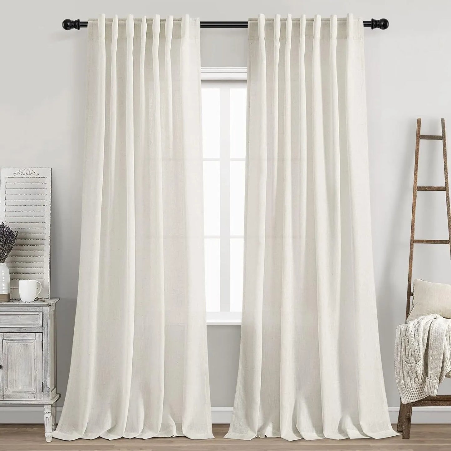 Cream Linen Curtains 84 Inch Farmhouse Semi Sheer Panels