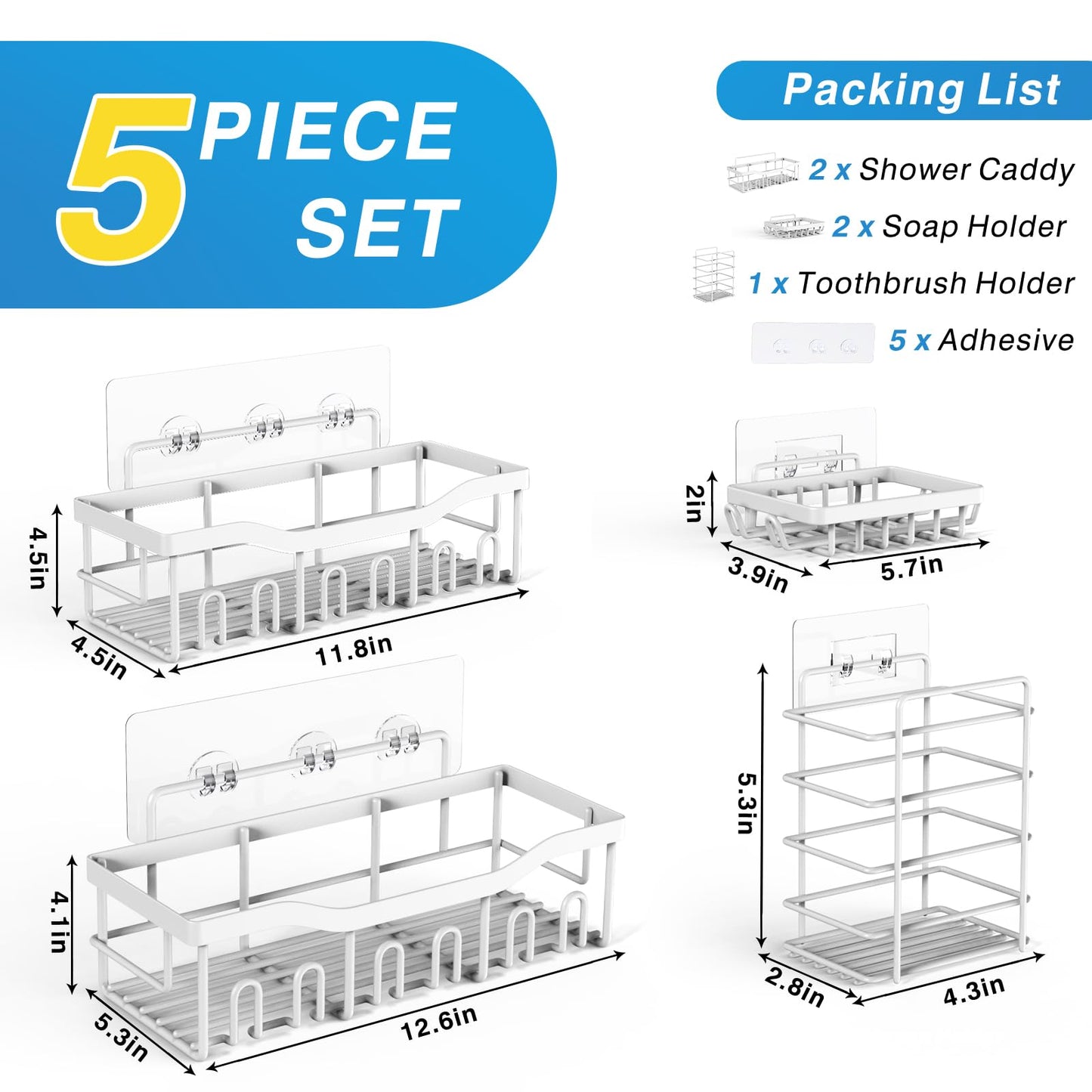 EUDELE Adhesive Shower Caddy 5 Pack Rustproof Organizer
