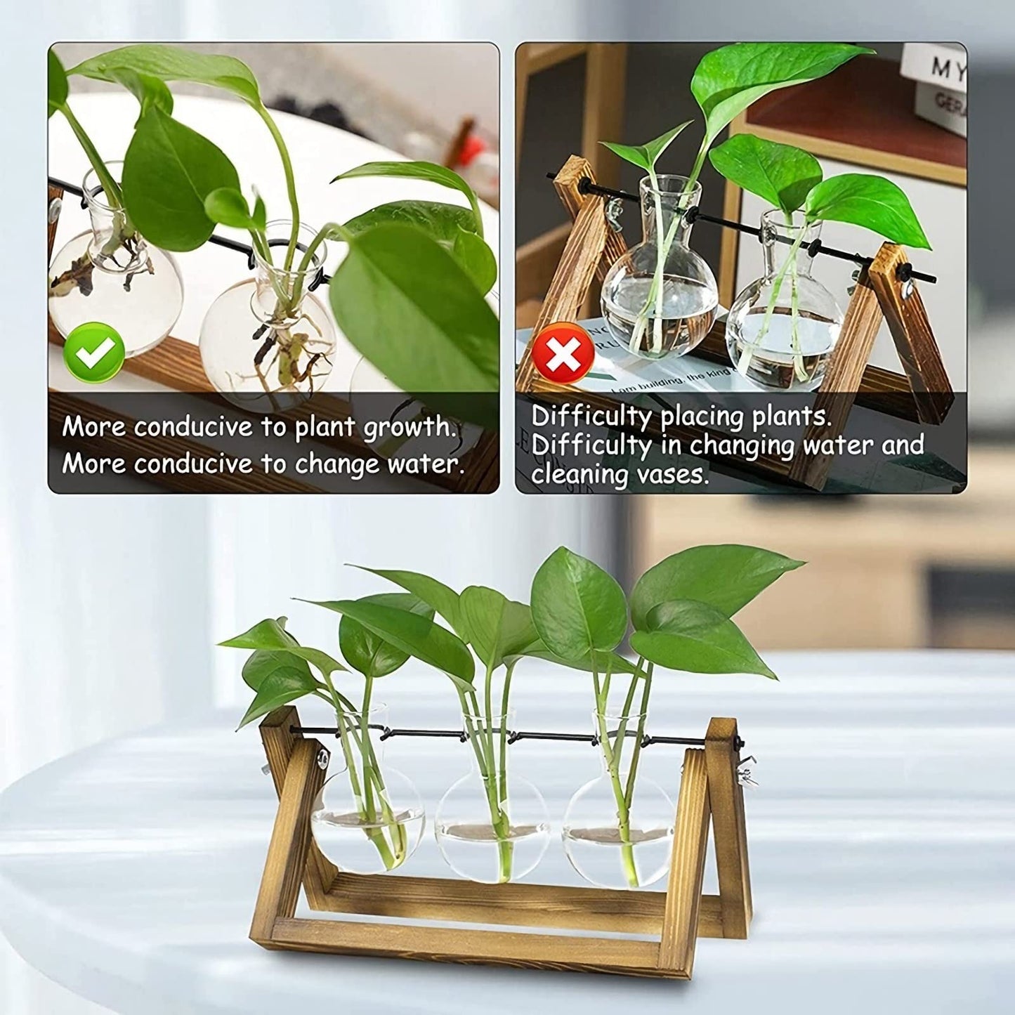 Kingbuy Terrarium Propagation Station 3 Bulb Glass Vase on Wooden Stand