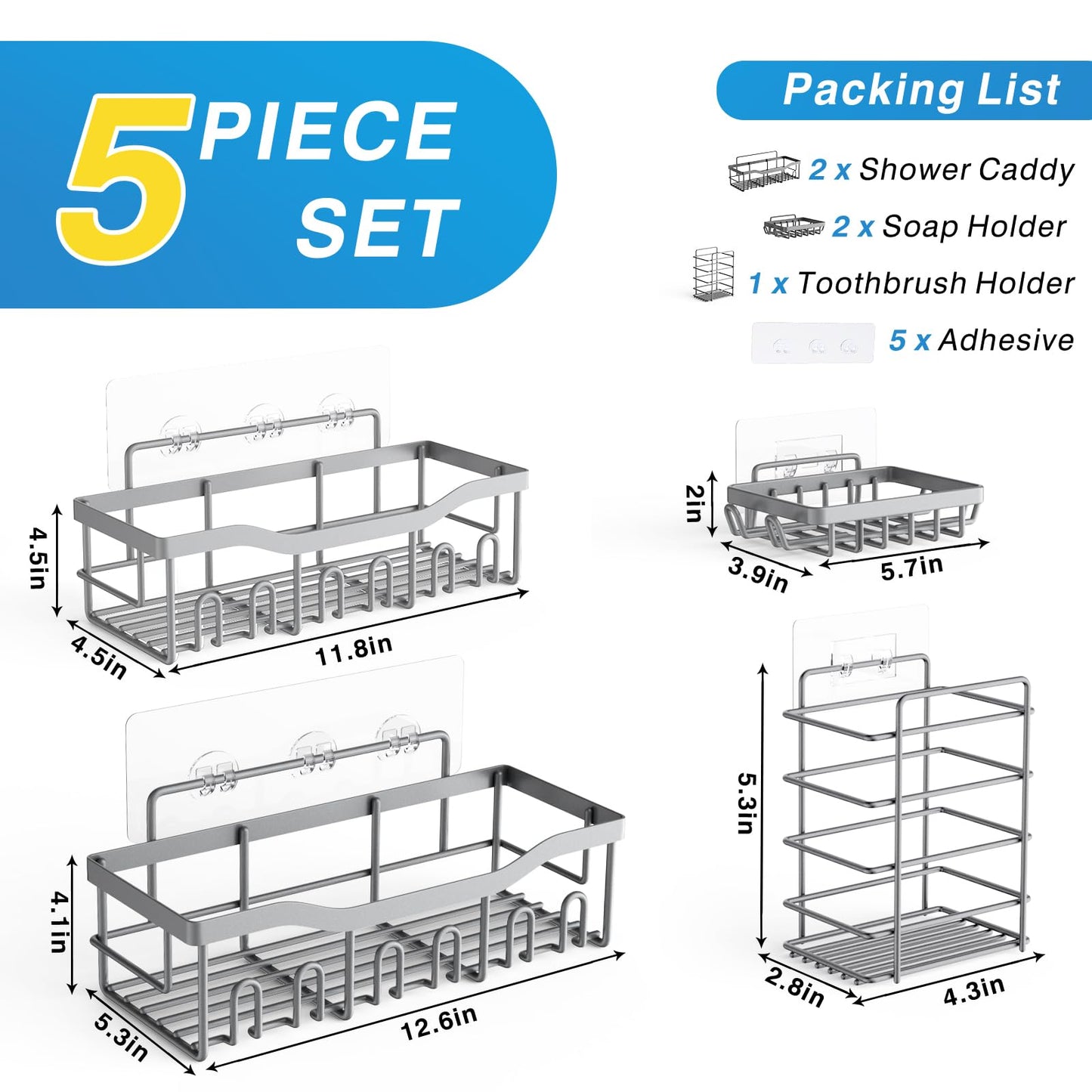 EUDELE Adhesive Shower Caddy 5 Pack Rustproof Organizer