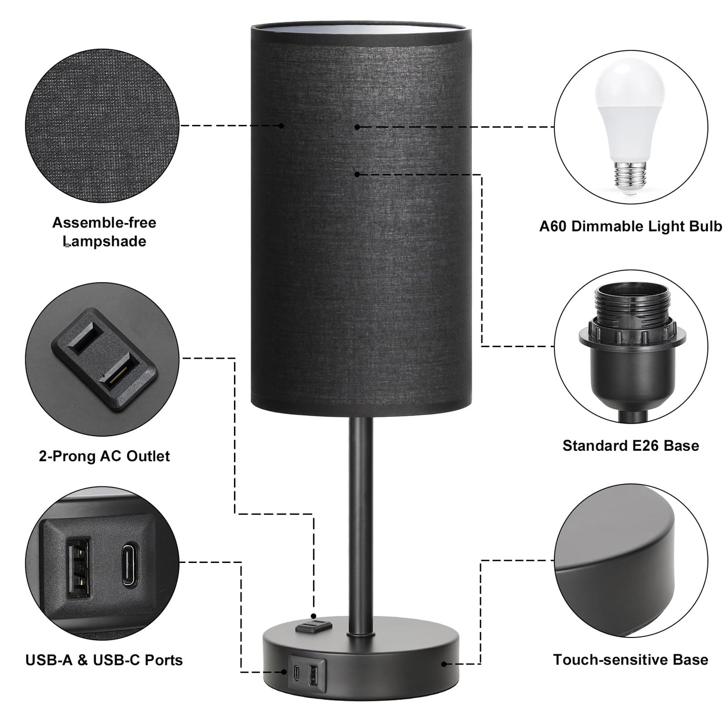 Fenmzee Rose Gold Crystal Touch Lamp 3 Way Dimmable with USB