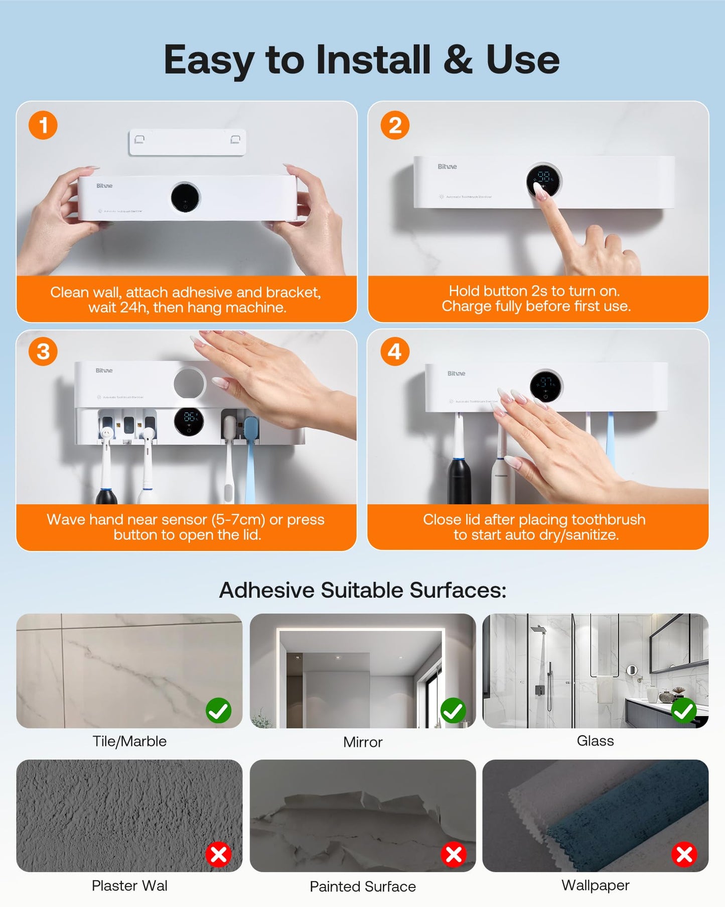 Bitvae Toothbrush Cleaner and Holder Smart LED Drying Station