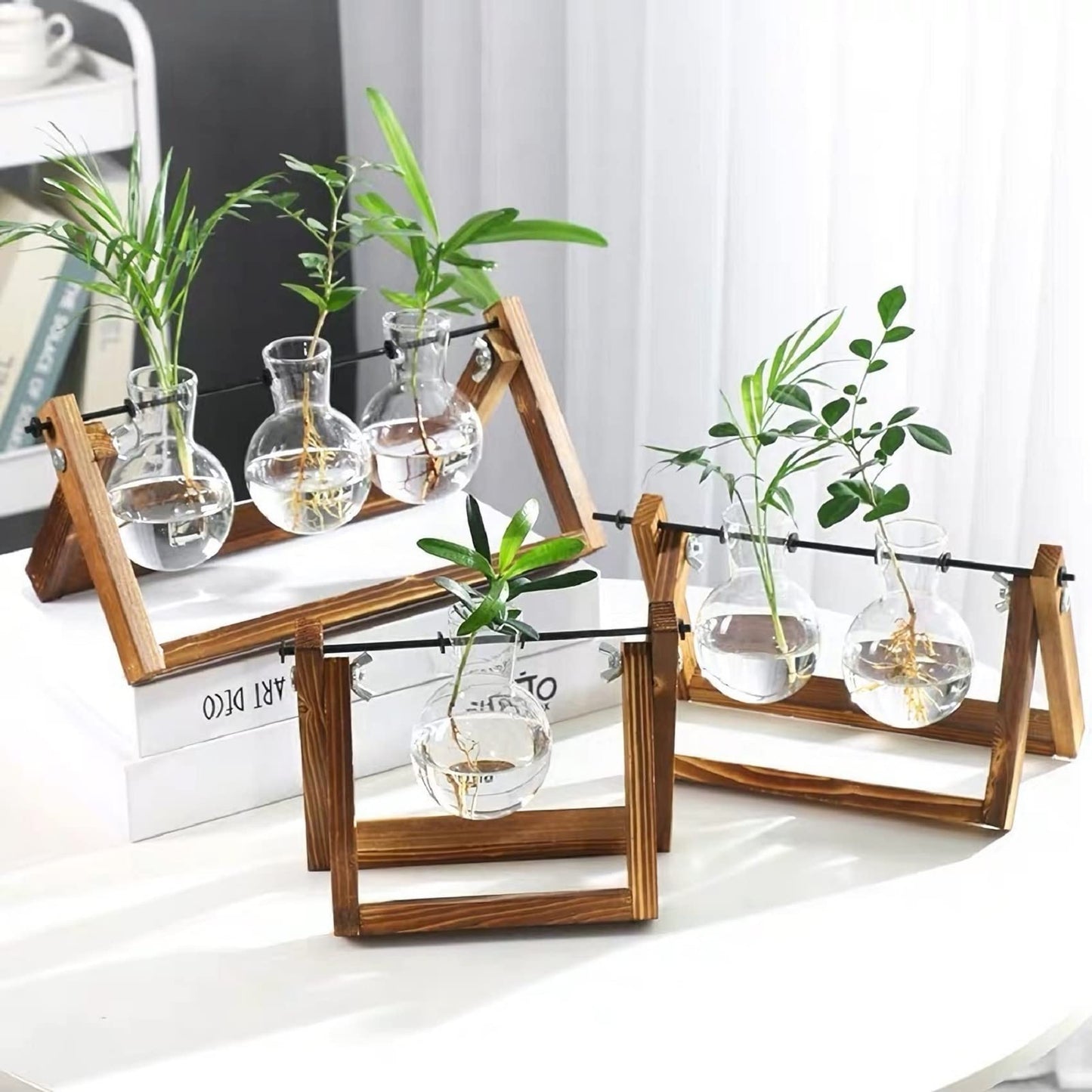 Kingbuy Terrarium Propagation Station 3 Bulb Glass Vase on Wooden Stand