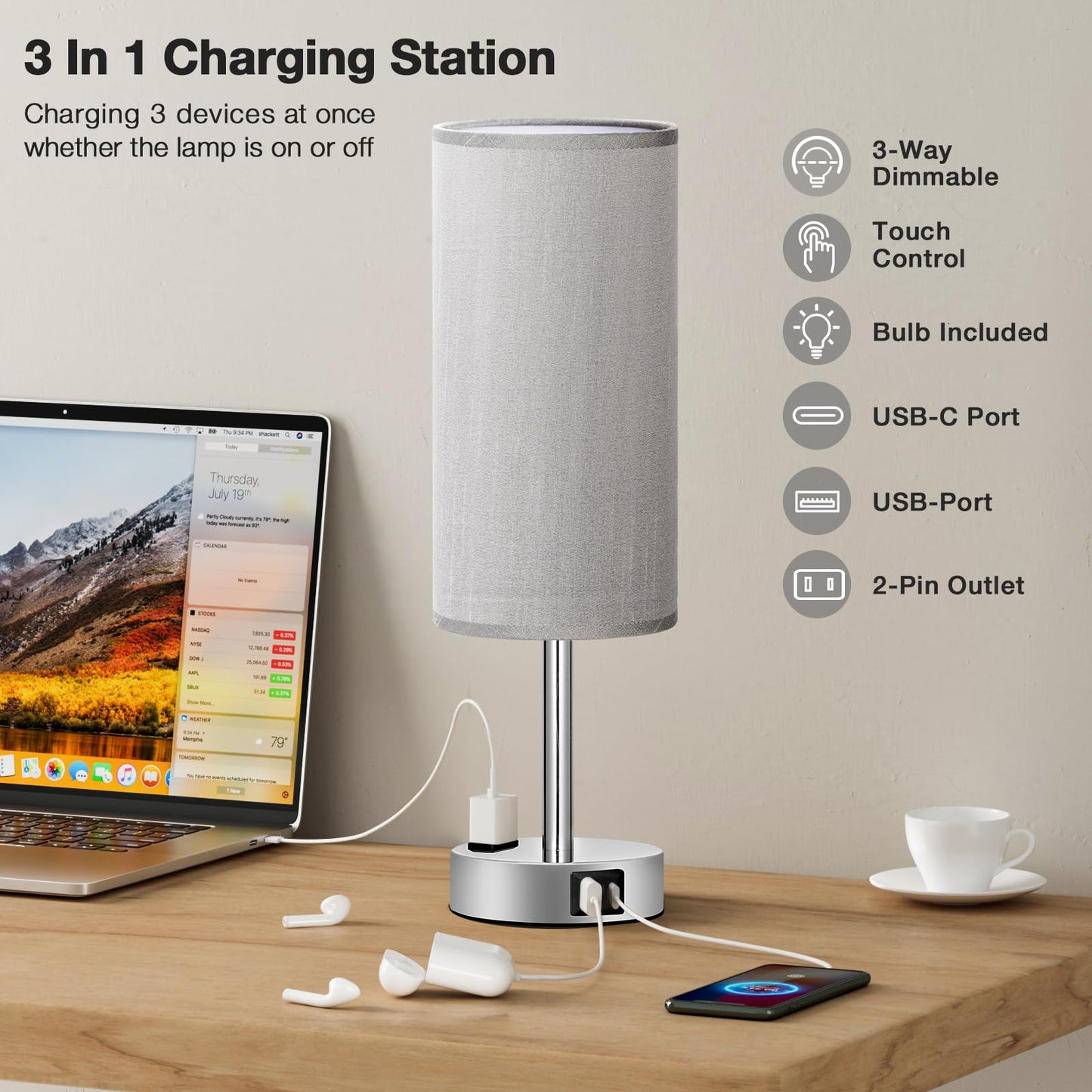 Fenmzee Rose Gold Crystal Touch Lamp 3 Way Dimmable with USB