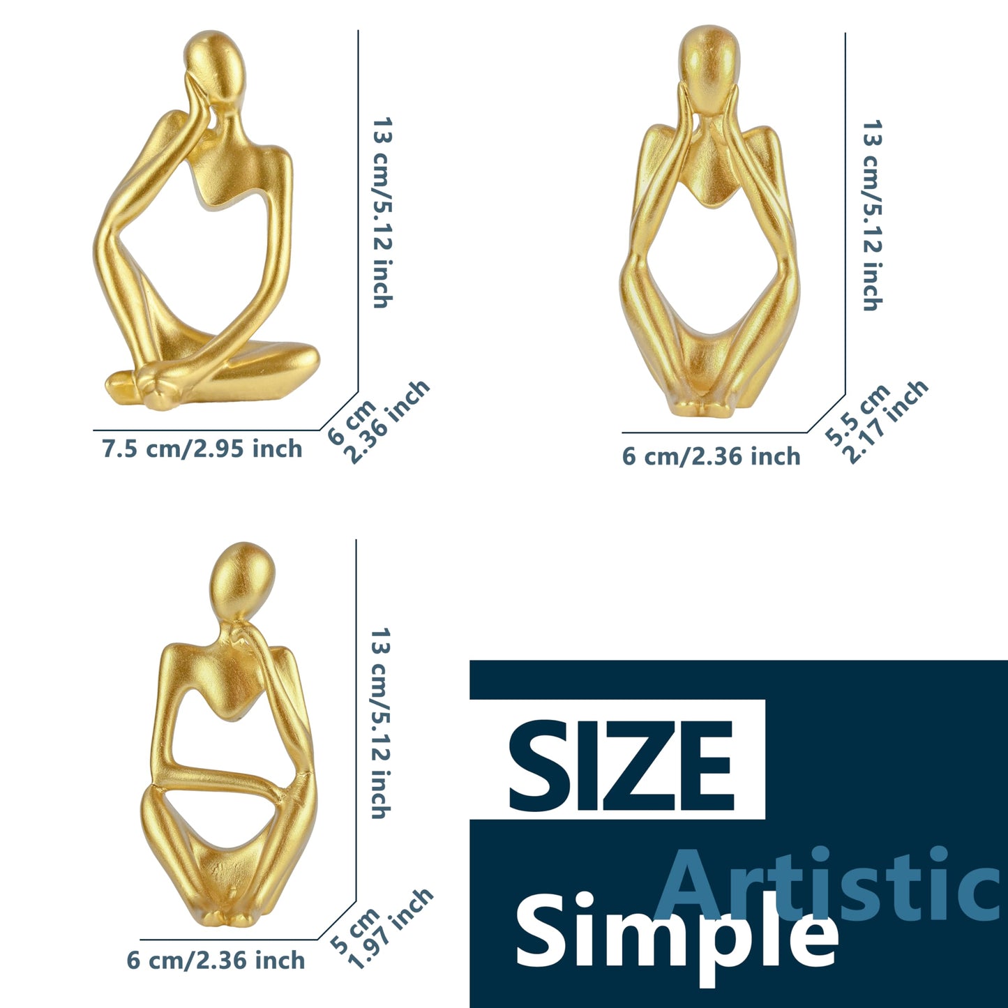 BOPART Gold Thinker Statues 3 Piece Modern Figurine Set