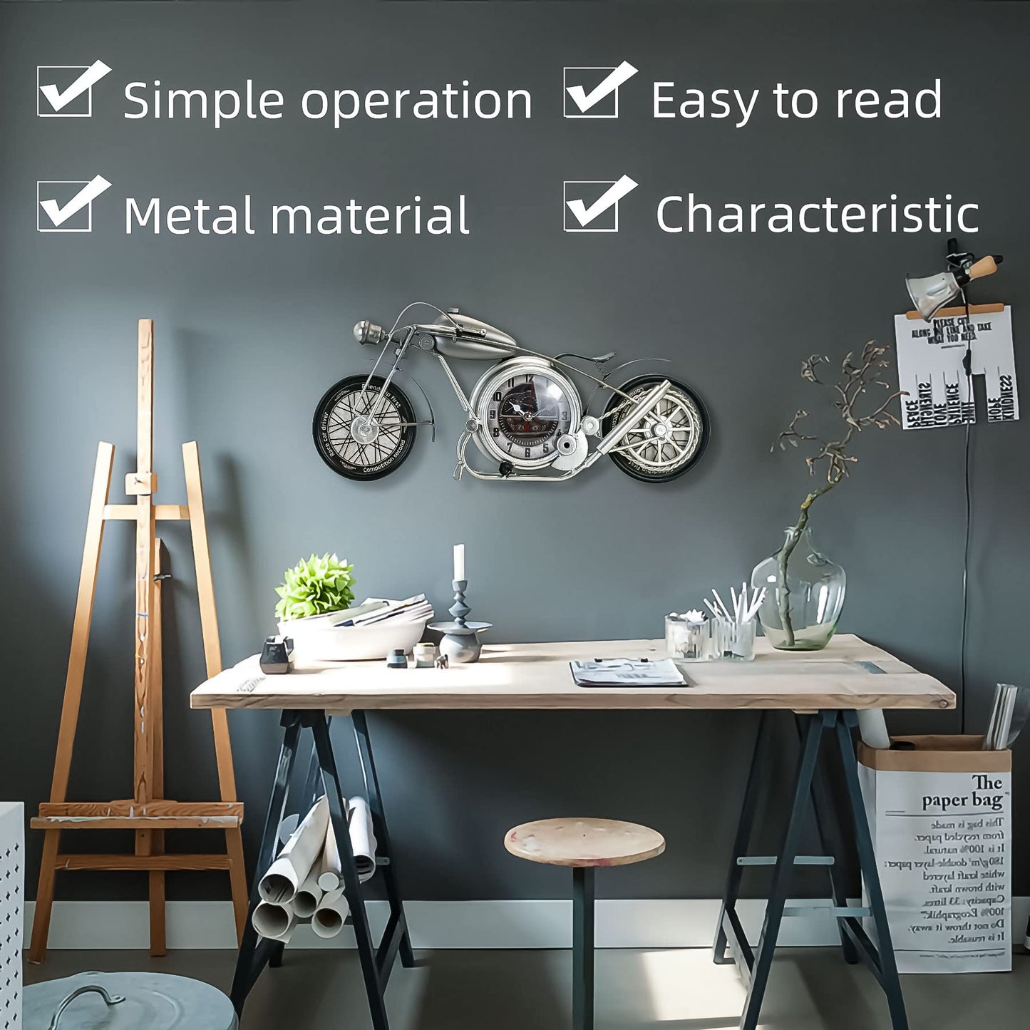 Metal Motorcycle Wall Clock Bronze Decorative Shelf Clock