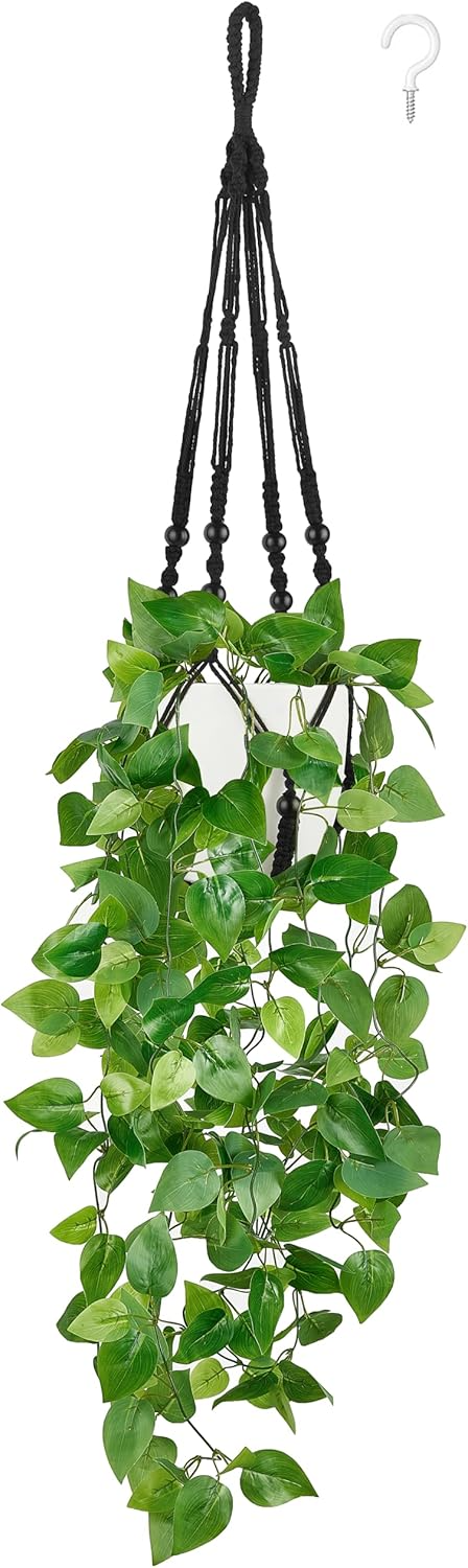 Mkono Hanging Fake Plant with Pot Macrame Artificial Pothos