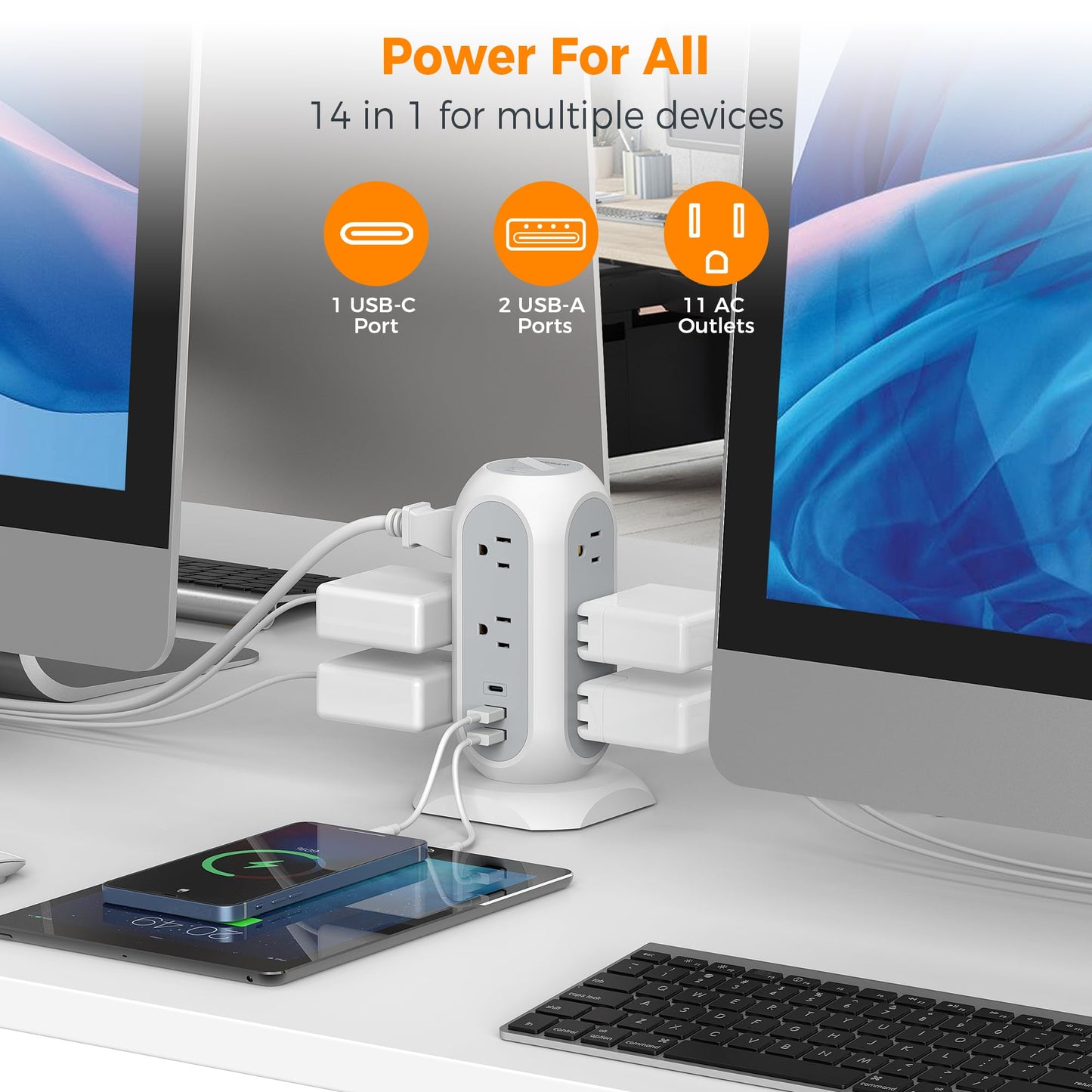 TESSAN Tower Power Strip 11 Outlets 3 USB 6 ft Cord