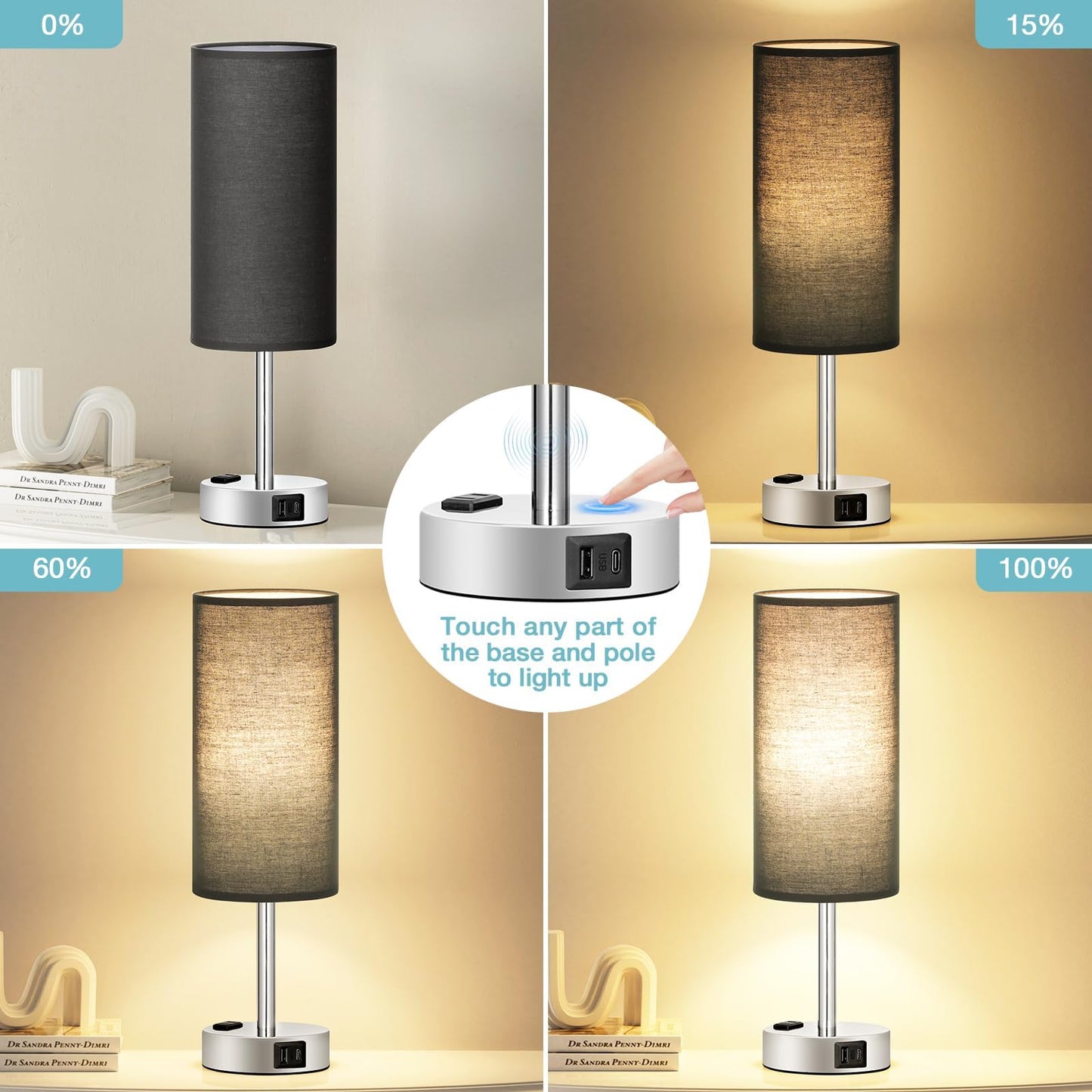 Fenmzee Rose Gold Crystal Touch Lamp 3 Way Dimmable with USB