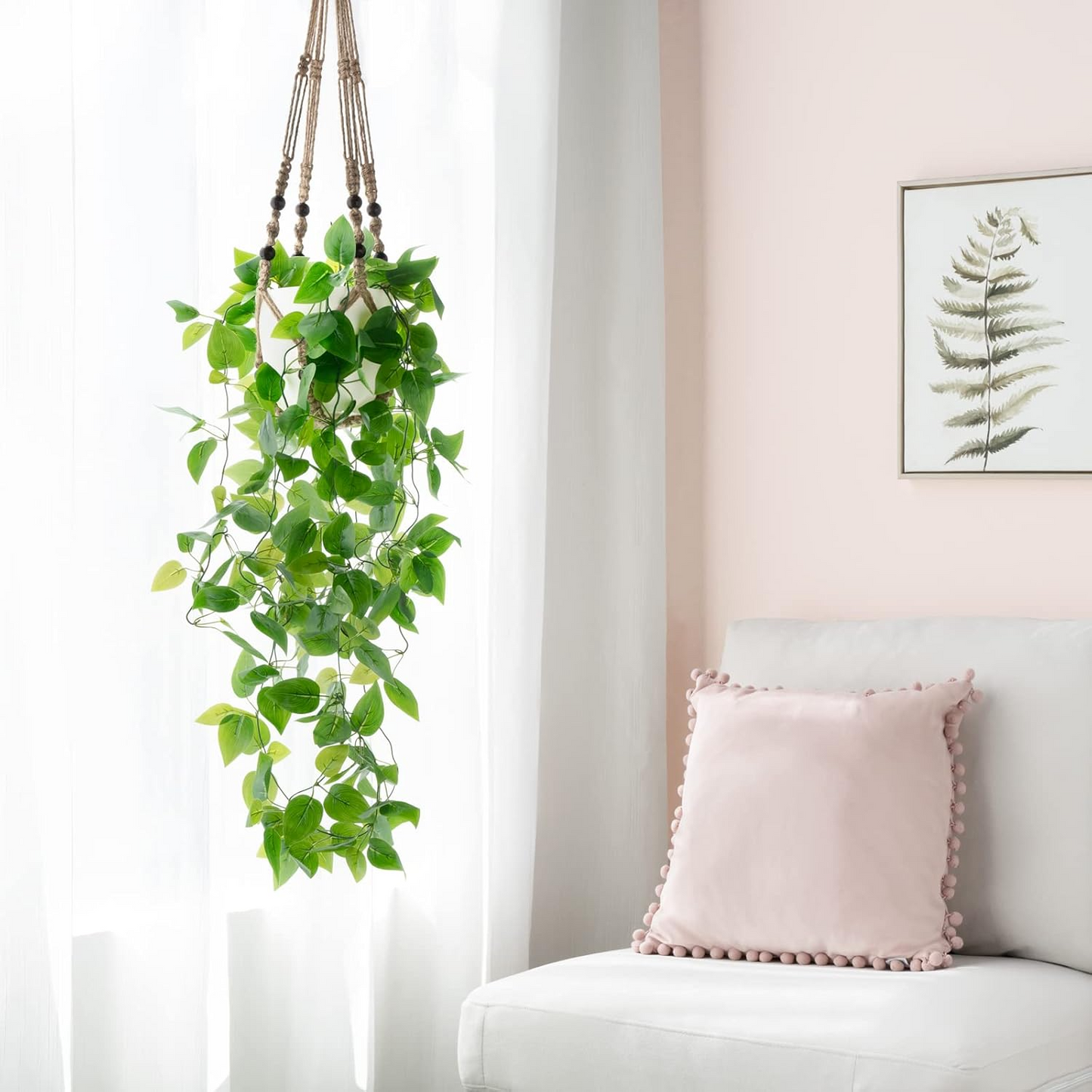 Mkono Hanging Fake Plant with Pot Macrame Artificial Pothos
