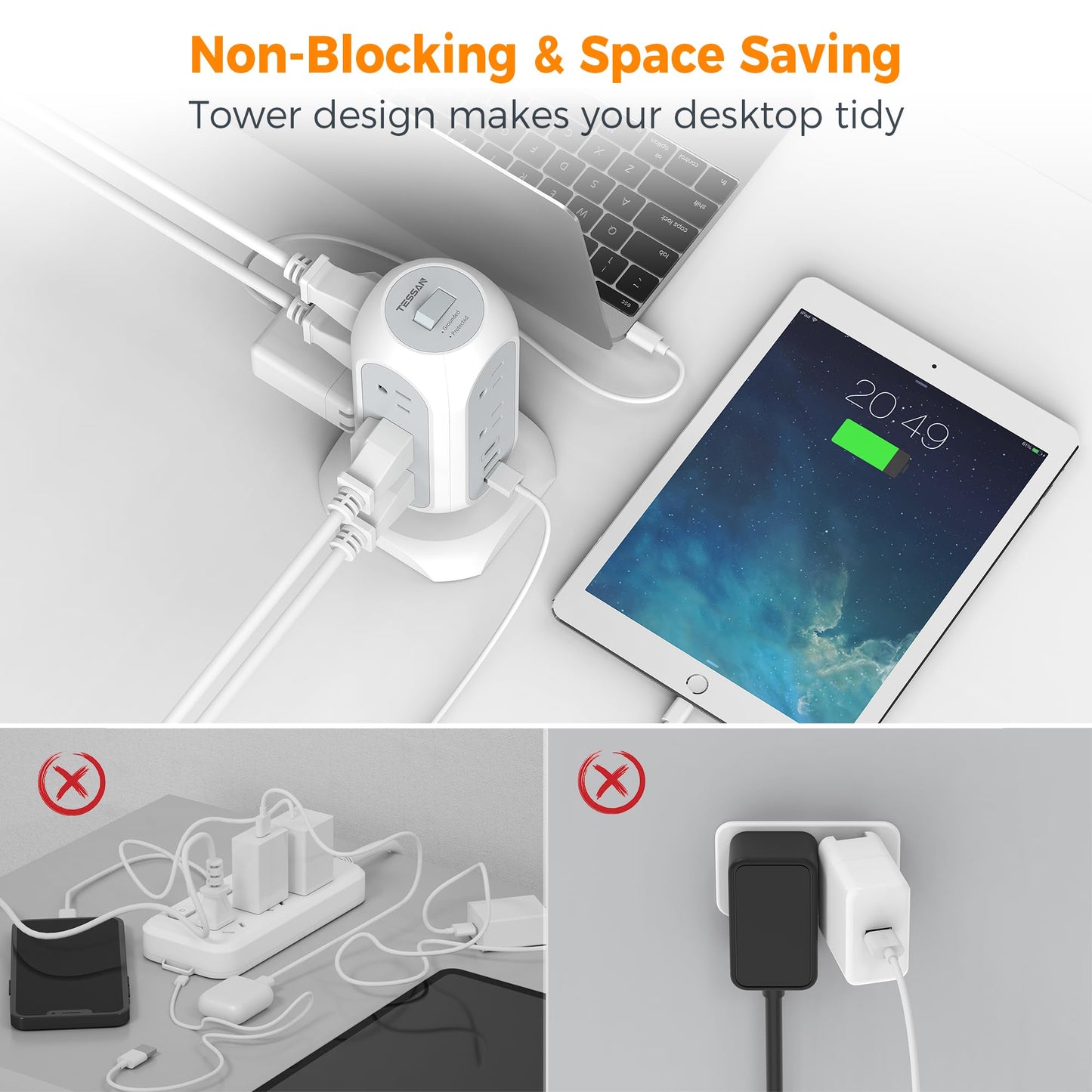 TESSAN Tower Power Strip 11 Outlets 3 USB 6 ft Cord