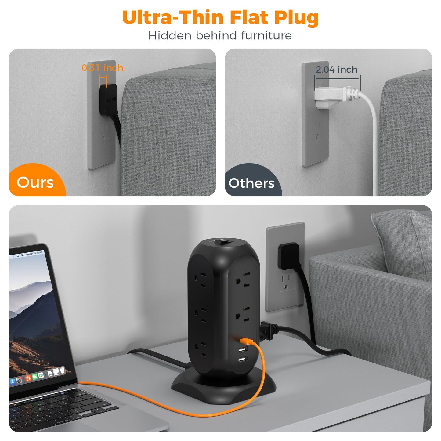 TESSAN Tower Power Strip 11 Outlets 3 USB 6 ft Cord