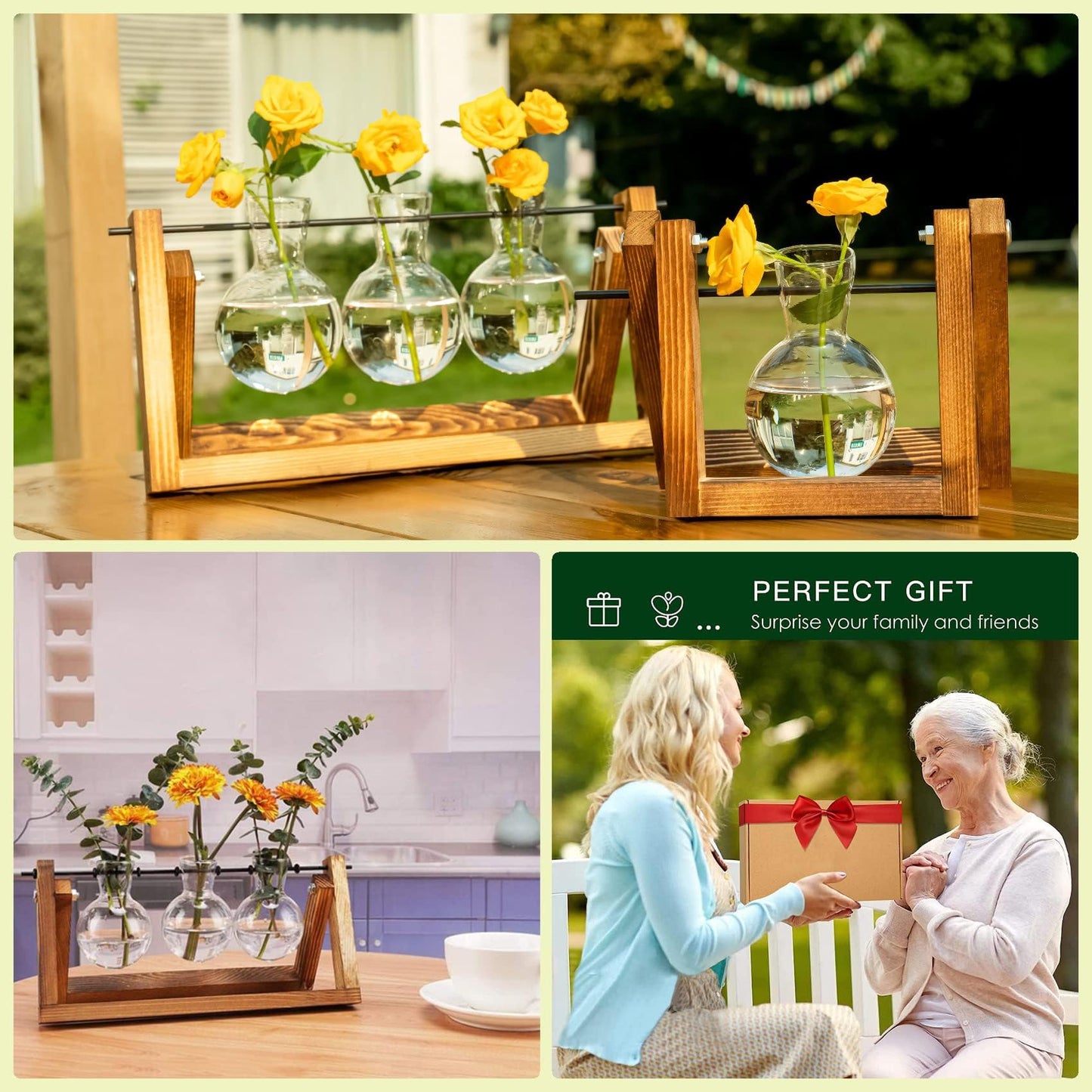 Kingbuy Terrarium Propagation Station 3 Bulb Glass Vase on Wooden Stand