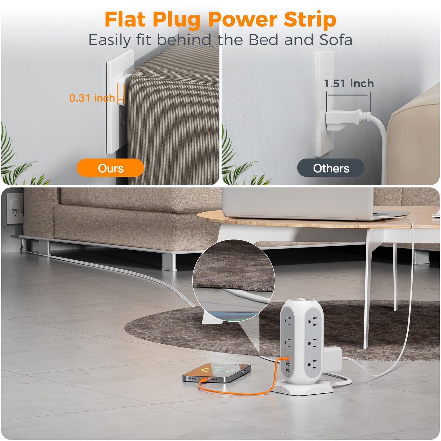 TESSAN Tower Power Strip 11 Outlets 3 USB 6 ft Cord