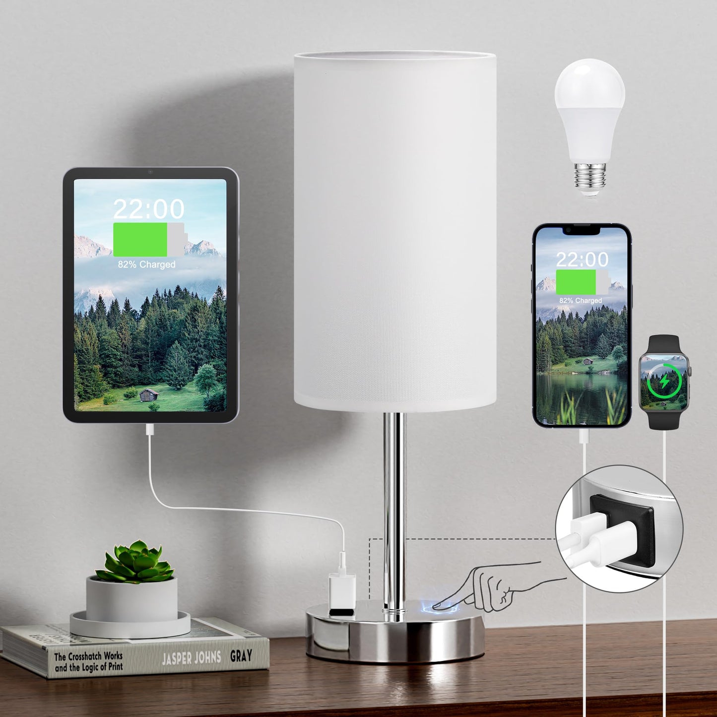 Fenmzee Rose Gold Crystal Touch Lamp 3 Way Dimmable with USB