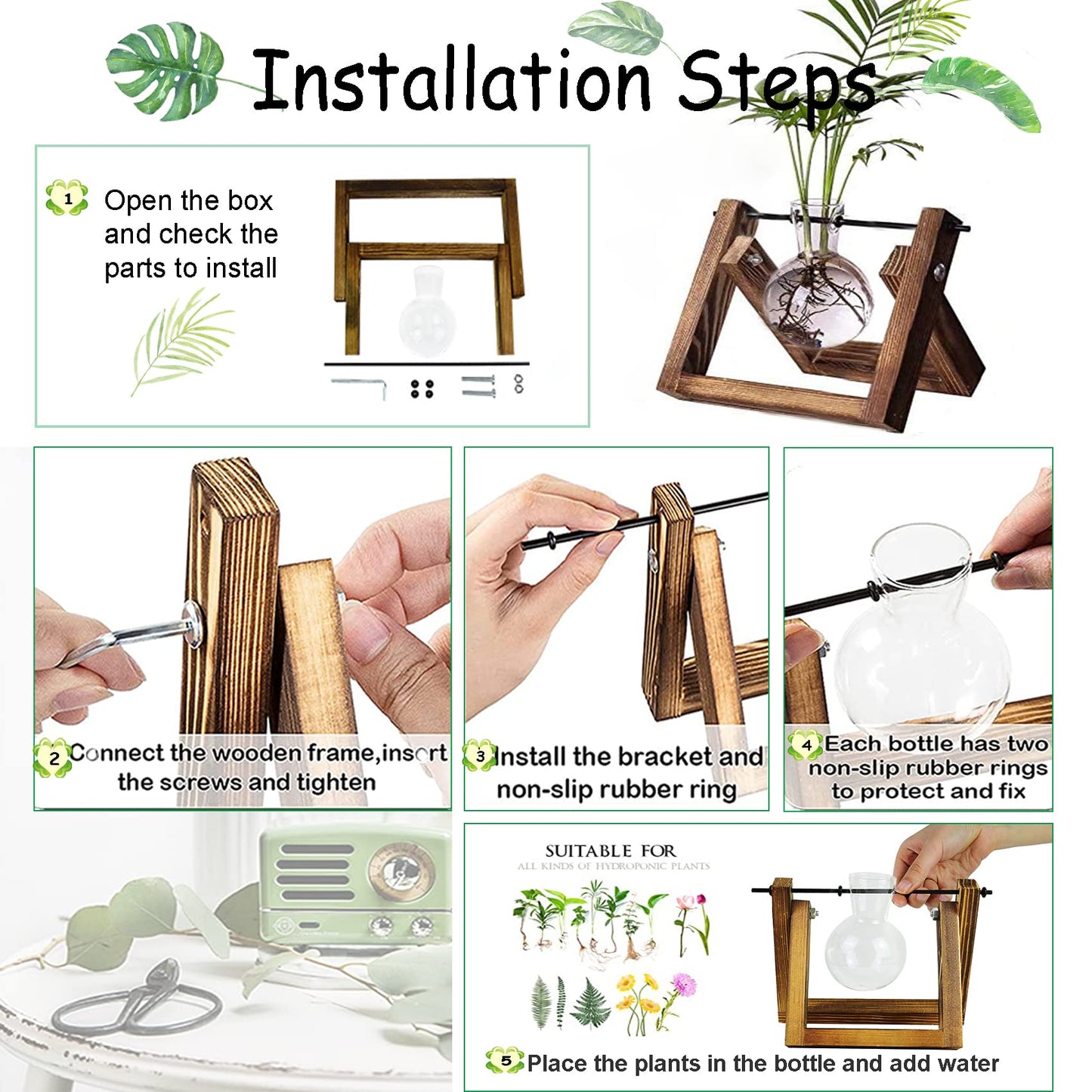 Kingbuy Terrarium Propagation Station 3 Bulb Glass Vase on Wooden Stand