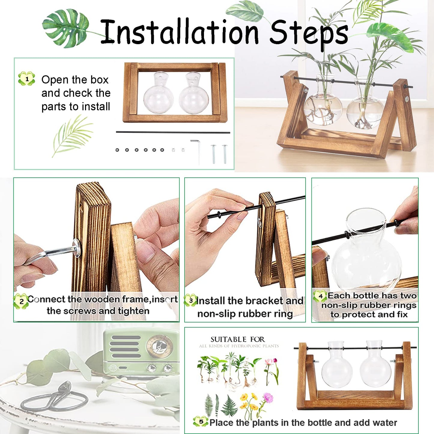 Kingbuy Terrarium Propagation Station 3 Bulb Glass Vase on Wooden Stand