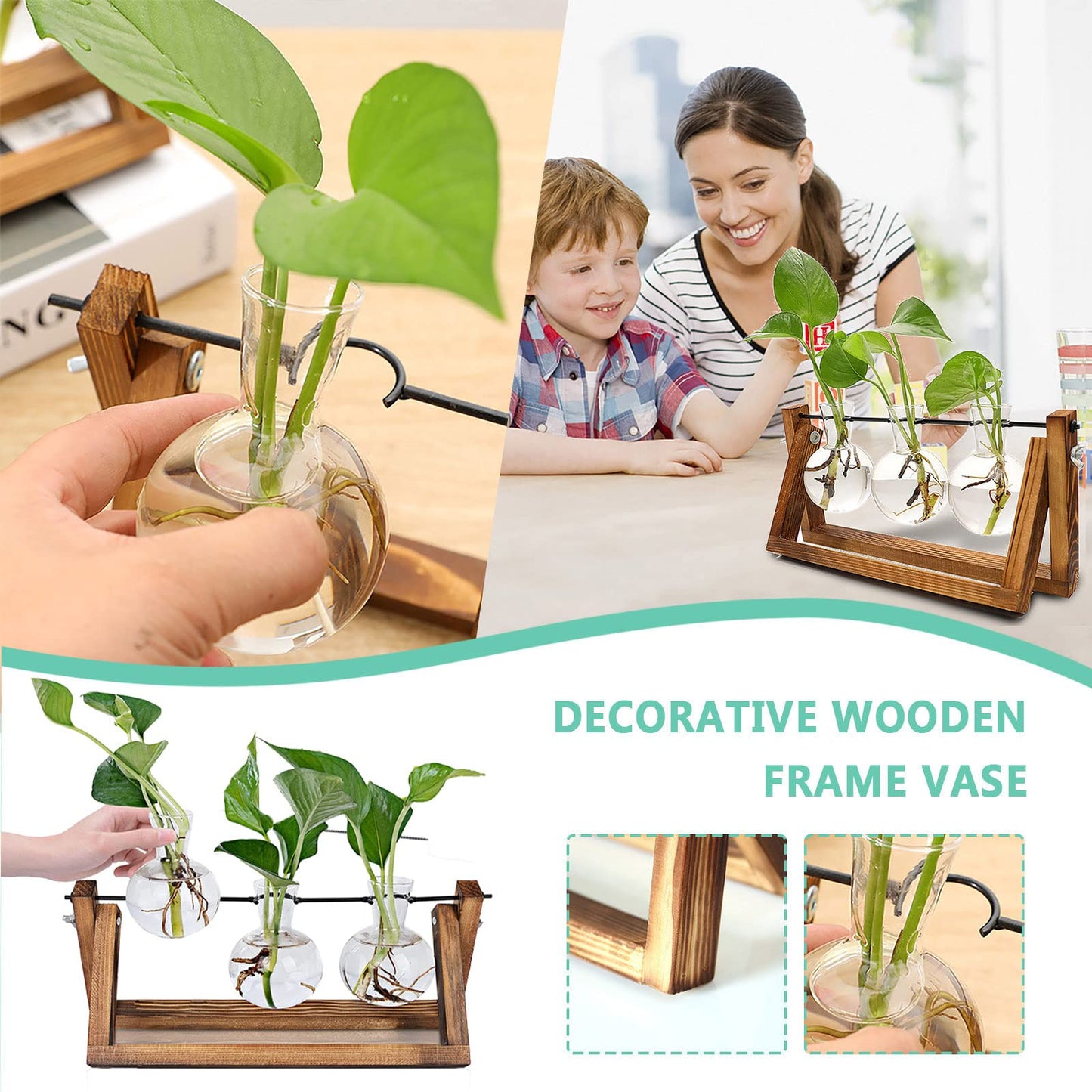 Kingbuy Terrarium Propagation Station 3 Bulb Glass Vase on Wooden Stand