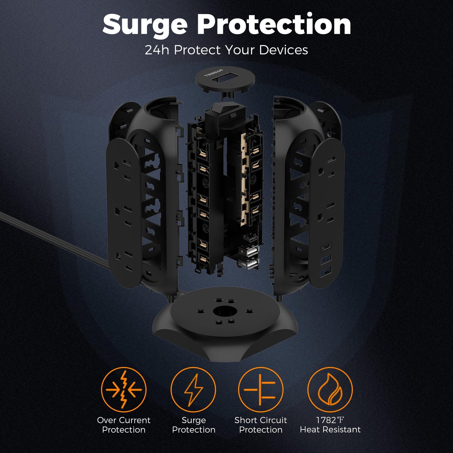 TESSAN Tower Power Strip 11 Outlets 3 USB 6 ft Cord