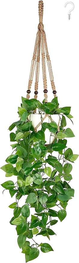 Mkono Hanging Fake Plant with Pot Macrame Artificial Pothos