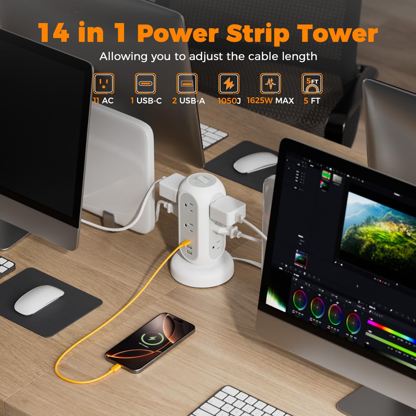TESSAN Tower Power Strip 11 Outlets 3 USB 6 ft Cord